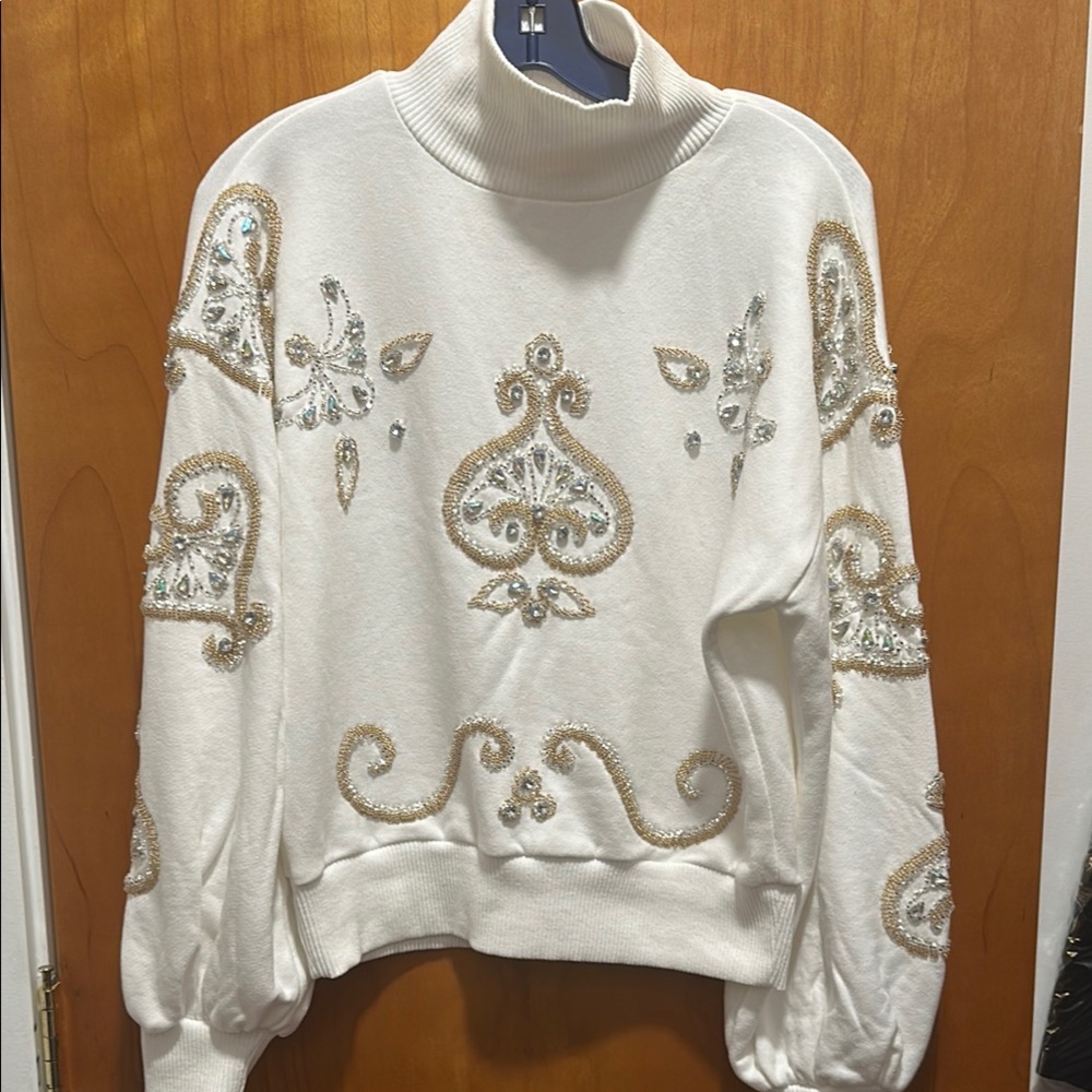 Ivory and Gold Cowl Neck Sweater with Ornate Patterns